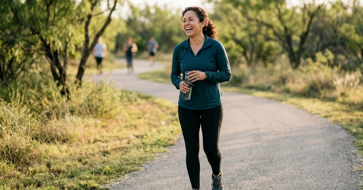 A middle-aged woman laughing and jogging on a sunlit trail, representing freedom from early signs of urinary incontinence.